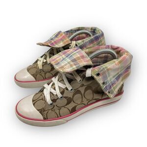 Coach Bonney Lace Up Shoes Pink Pink Plaid High Top Sneakers Women's Size 8.5